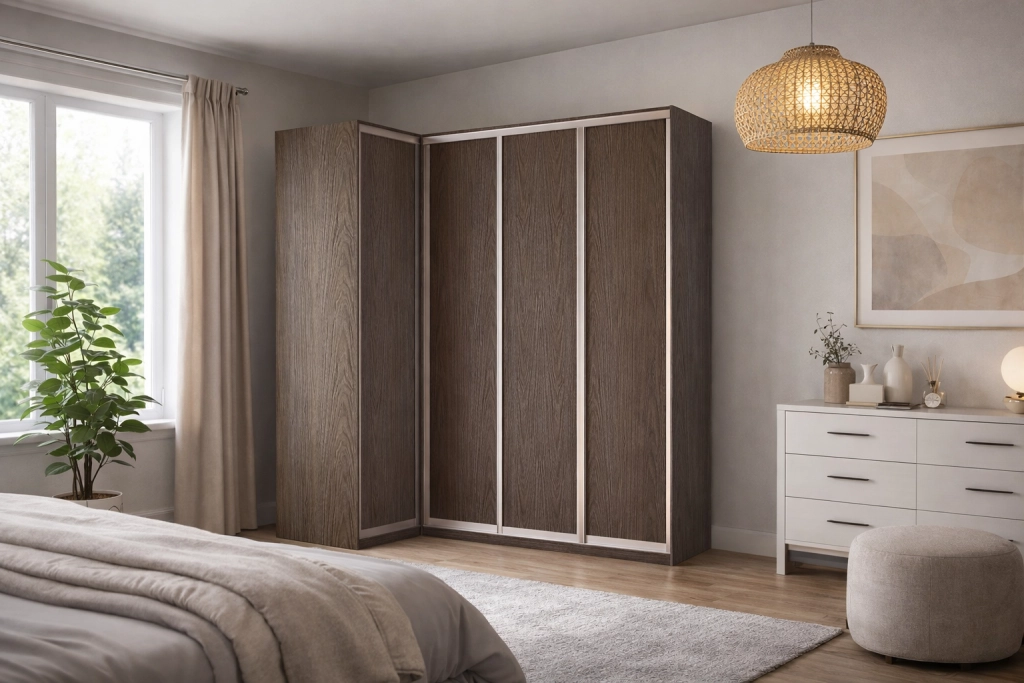 Угловой шкаф-купе «Премьер» темного древесного оттенка в современном светлом интерьере спальни