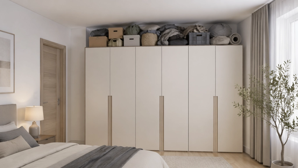 Шкаф средней высоты с захламленным пространством над верхней крышкой